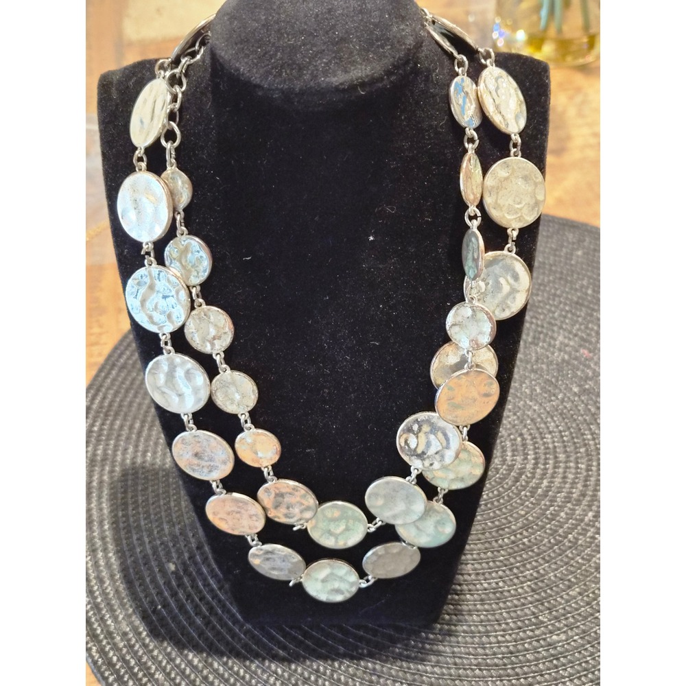 Chicos Silver Tone Hammered Disc Long Statement Necklace Layering Adjustable